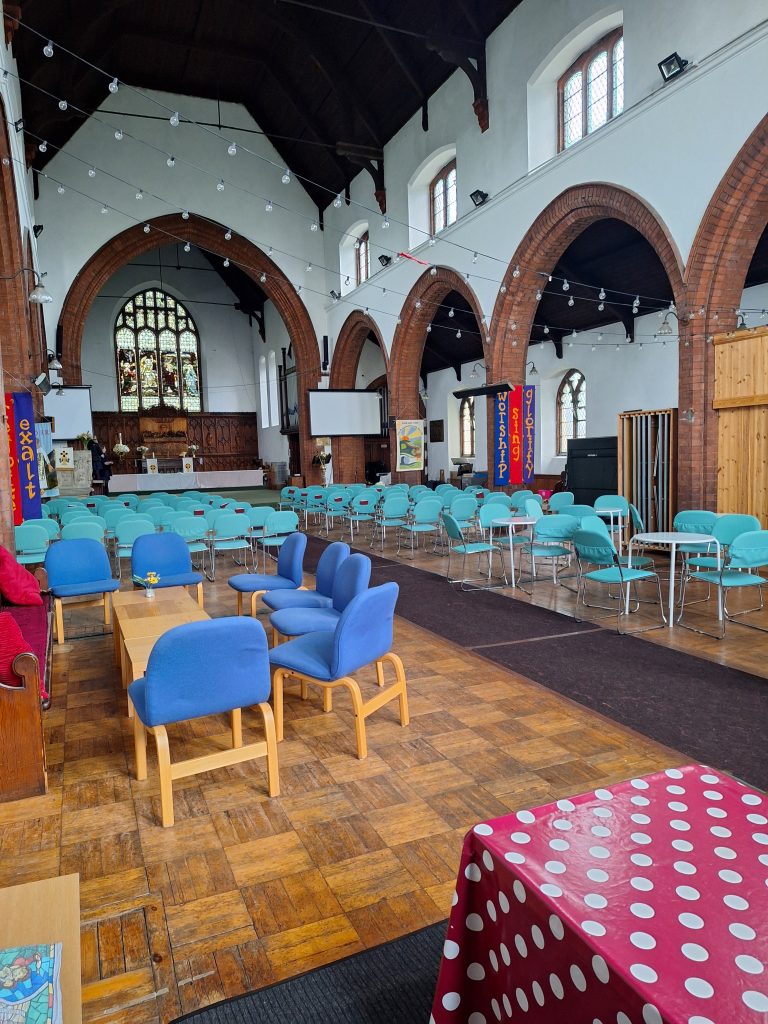 Inside the church showing cafe and chairs setup